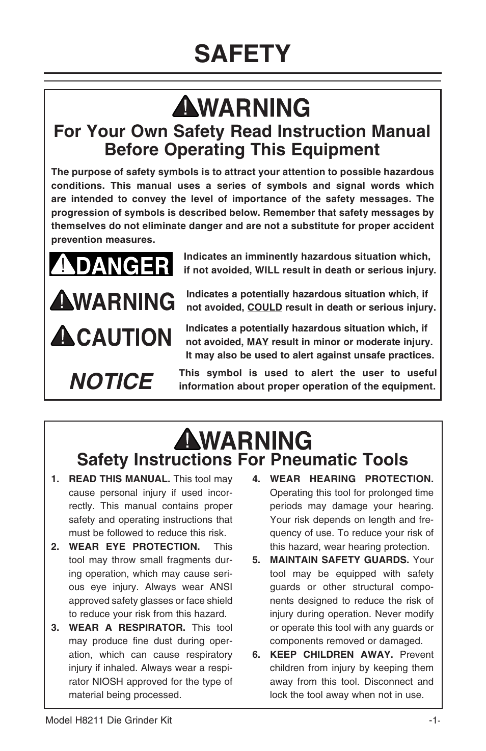 Safety, Notice, Safety instructions for pneumatic tools | Grizzly 14 Piece Die Kit H8211 User Manual | Page 3 / 8