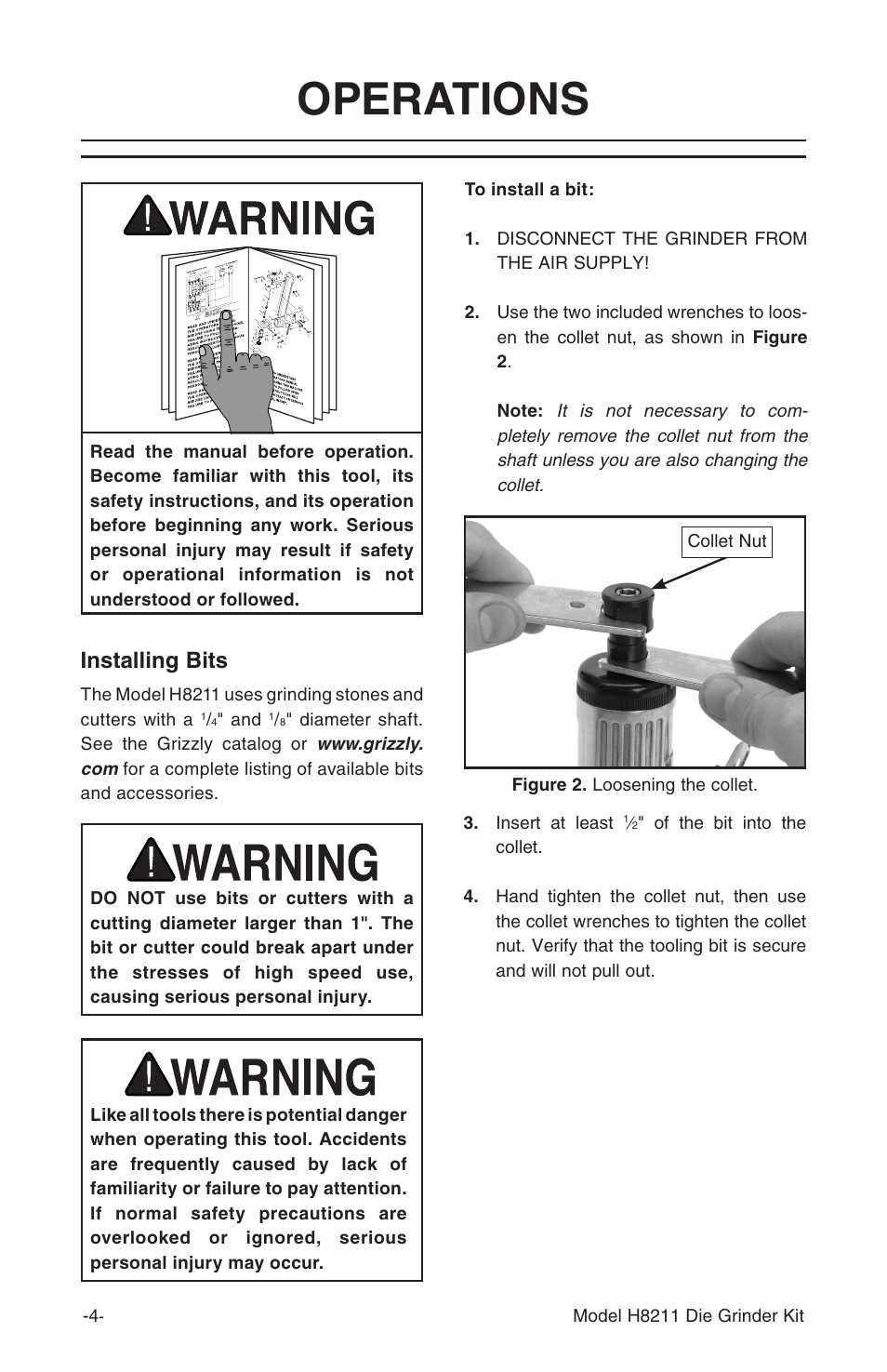 Operations, Installing bits | Grizzly 14 Piece Die Kit H8211 User Manual | Page 6 / 8