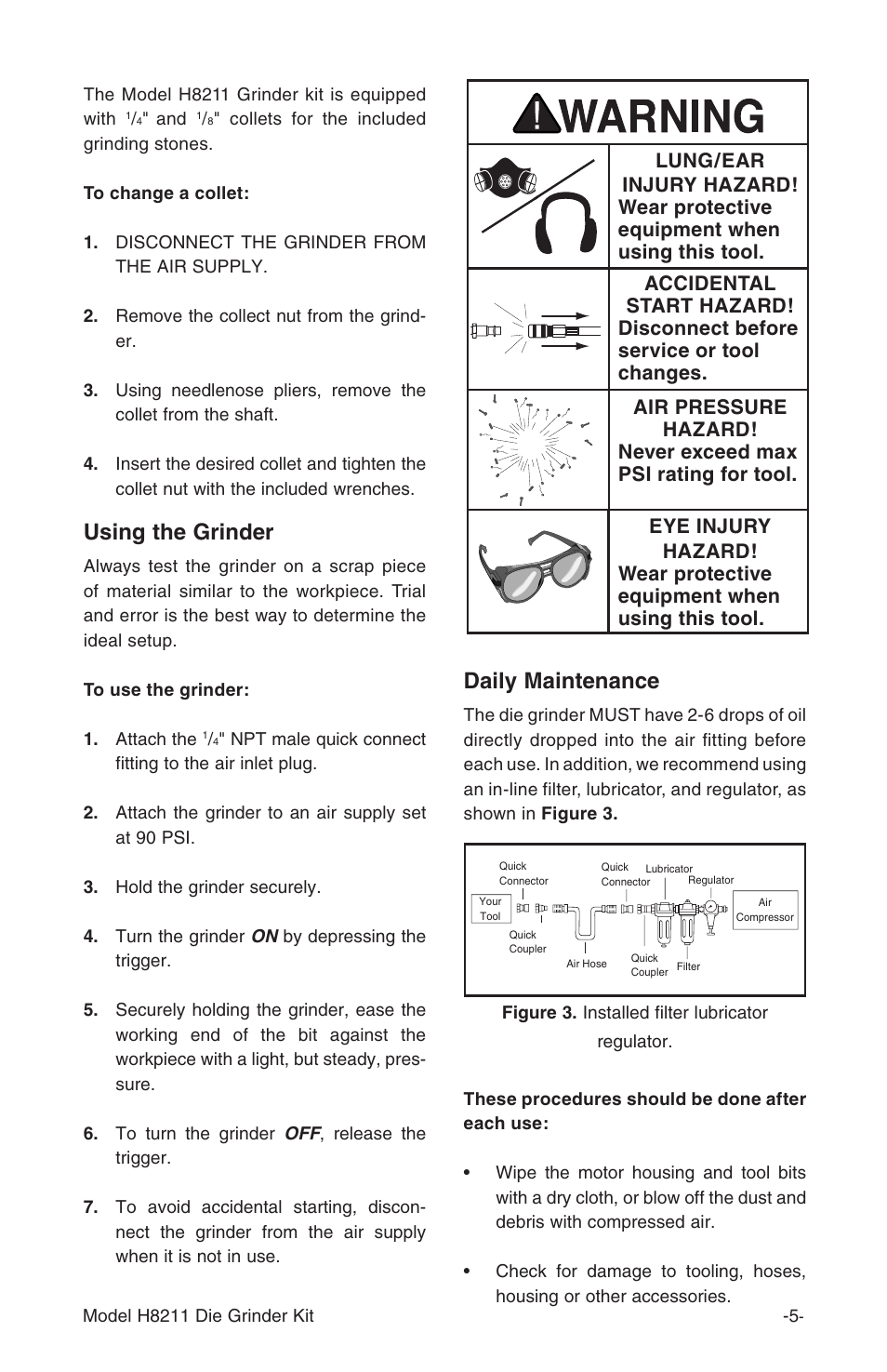 Using the grinder, Daily maintenance | Grizzly 14 Piece Die Kit H8211 User Manual | Page 7 / 8