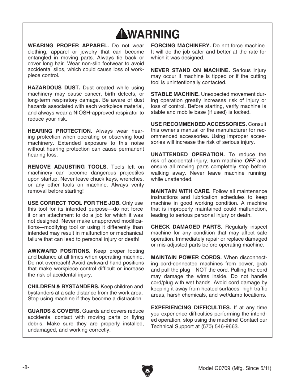 Grizzly G0709 User Manual | Page 10 / 112