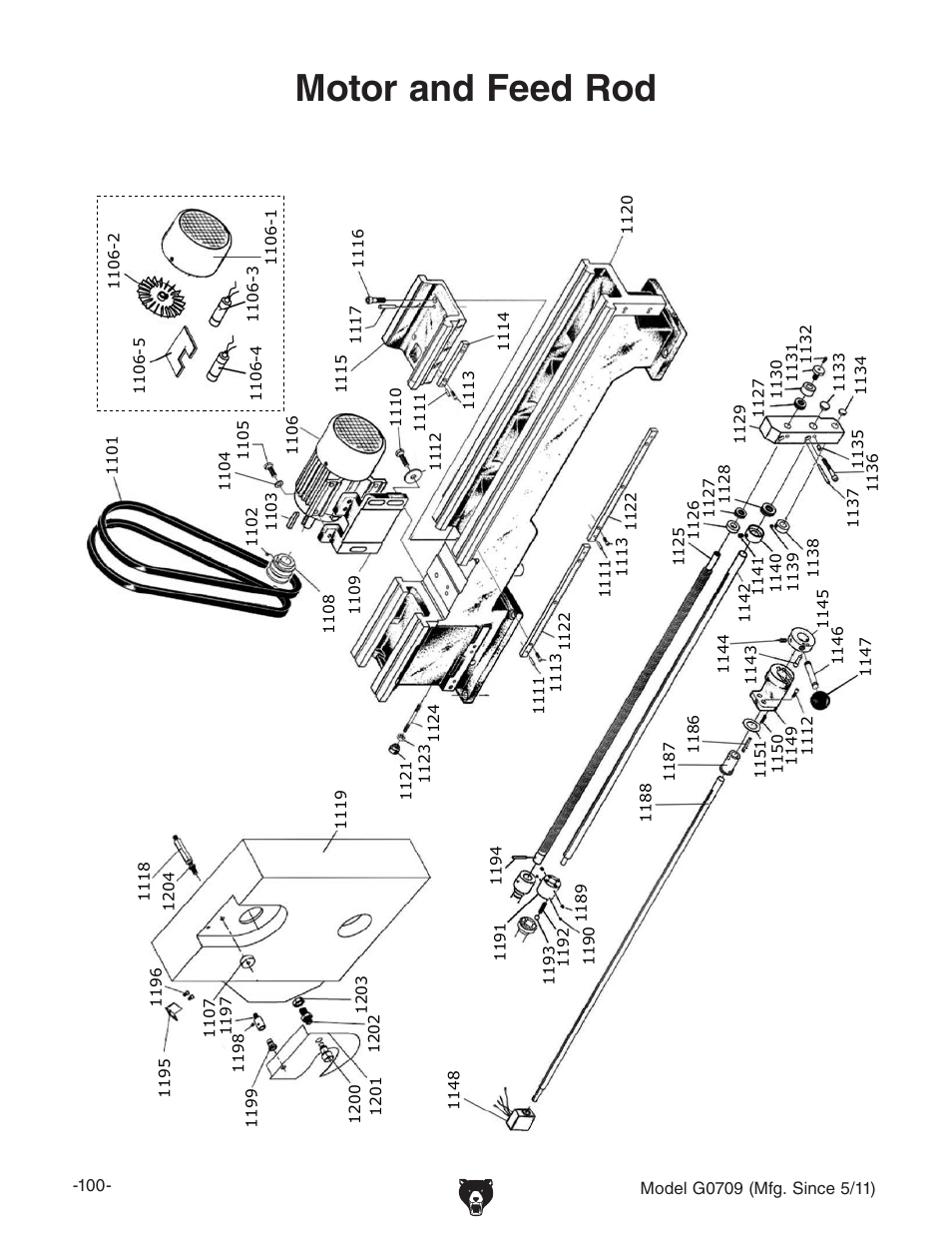 Motor and feed rod | Grizzly G0709 User Manual | Page 102 / 112