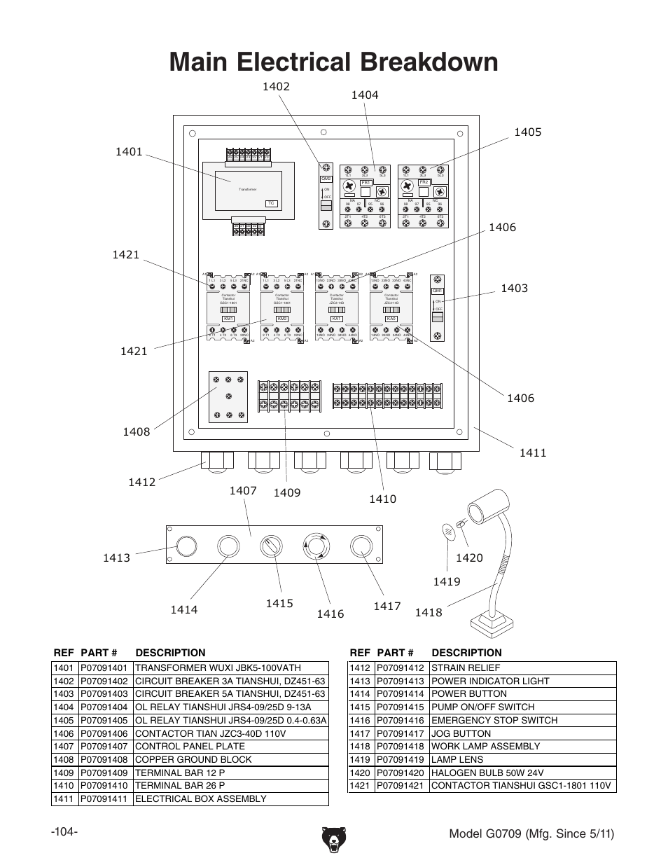 Main electrical breakdown, Ref part # description ref part # description | Grizzly G0709 User Manual | Page 106 / 112