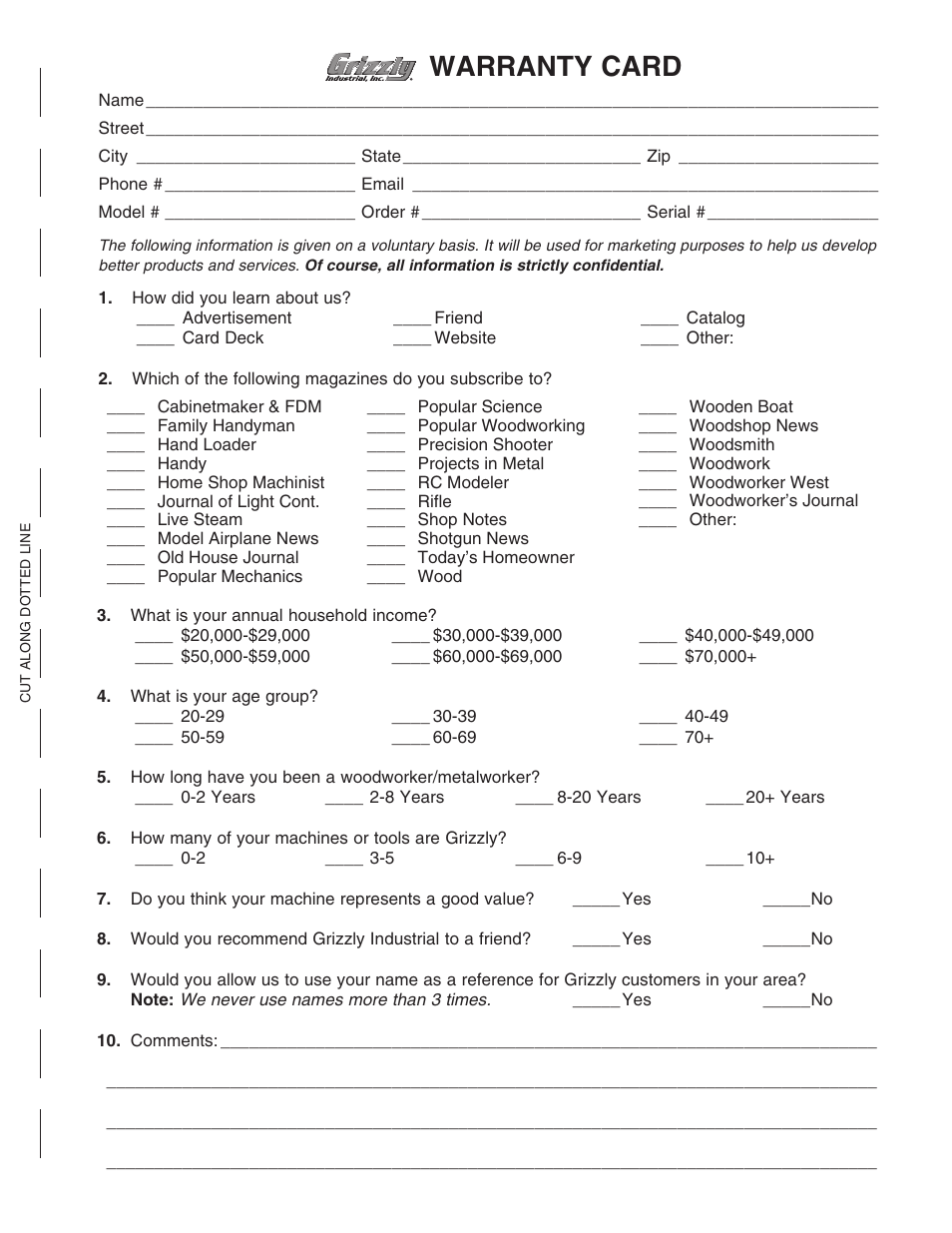 Warranty card | Grizzly G0709 User Manual | Page 109 / 112