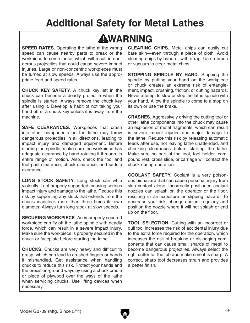 Additional safety for metal lathes | Grizzly G0709 User Manual | Page 11 / 112