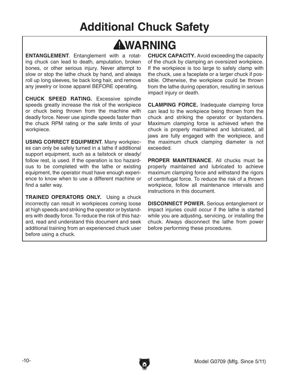 Additional chuck safety | Grizzly G0709 User Manual | Page 12 / 112