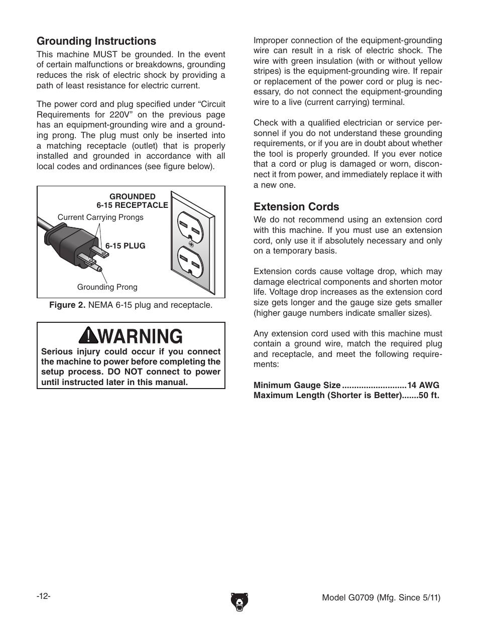 Extension cords, Grounding instructions | Grizzly G0709 User Manual | Page 14 / 112