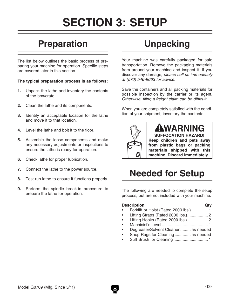 Preparation, Unpacking, Needed for setup | Grizzly G0709 User Manual | Page 15 / 112