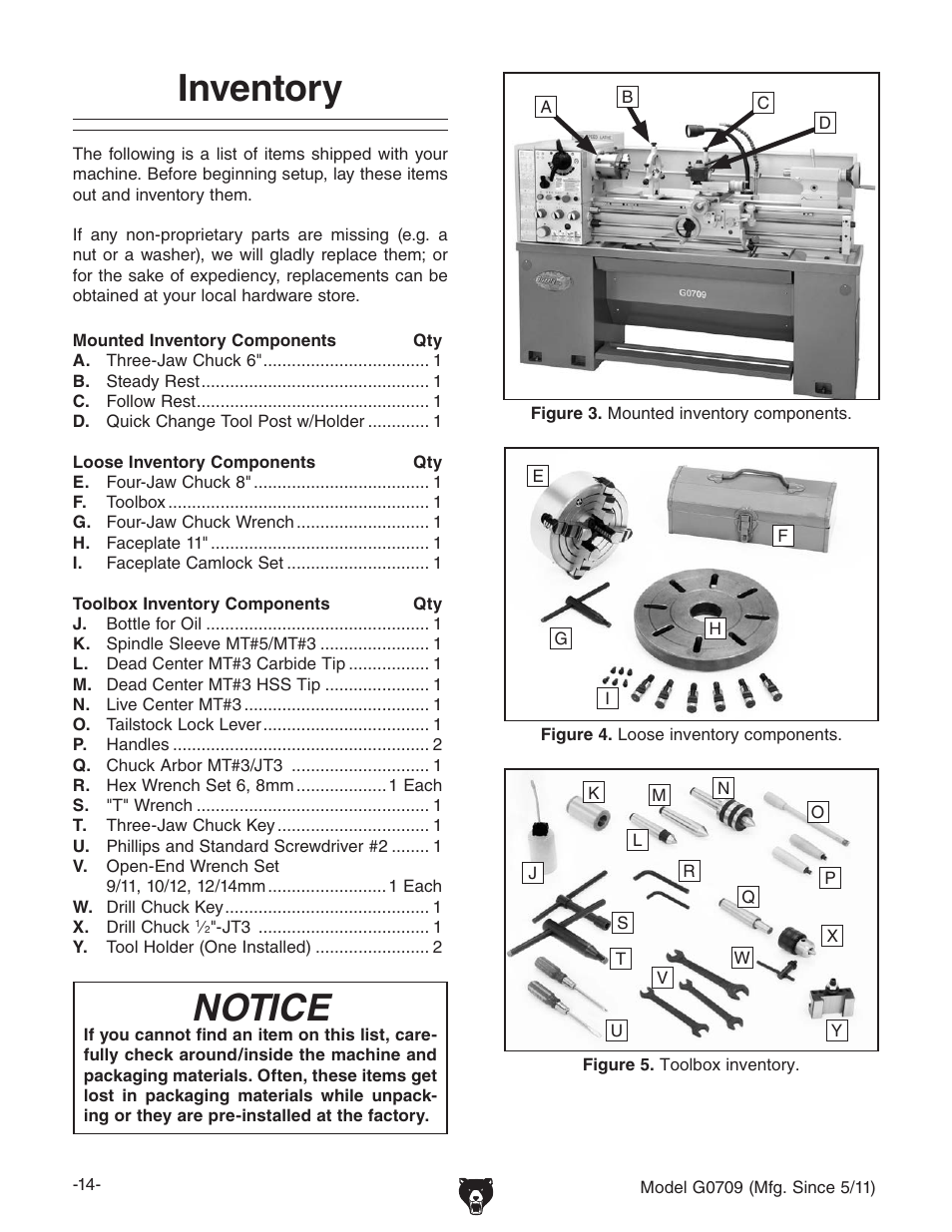 Inventory, Notice | Grizzly G0709 User Manual | Page 16 / 112