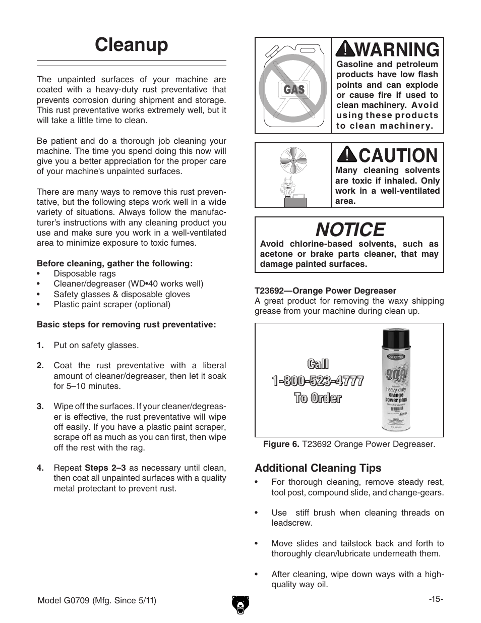 Notice, Cleanup | Grizzly G0709 User Manual | Page 17 / 112