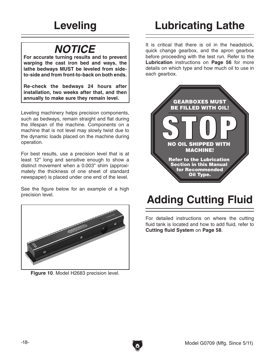 Lubricating lathe, Adding cutting fluid leveling | Grizzly G0709 User Manual | Page 20 / 112