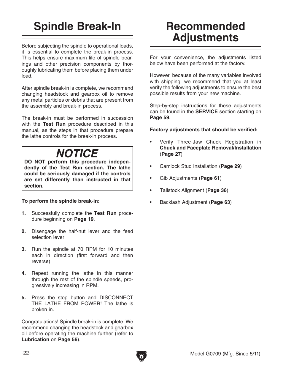 Recommended adjustments spindle break-in | Grizzly G0709 User Manual | Page 24 / 112