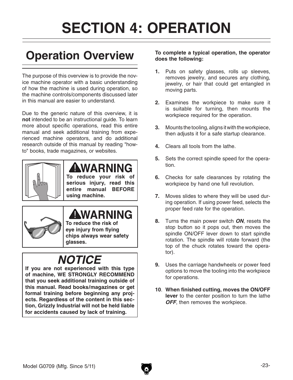 Operation overview | Grizzly G0709 User Manual | Page 25 / 112