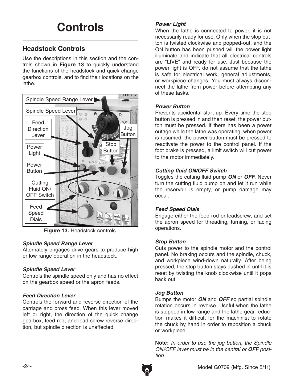 Controls | Grizzly G0709 User Manual | Page 26 / 112