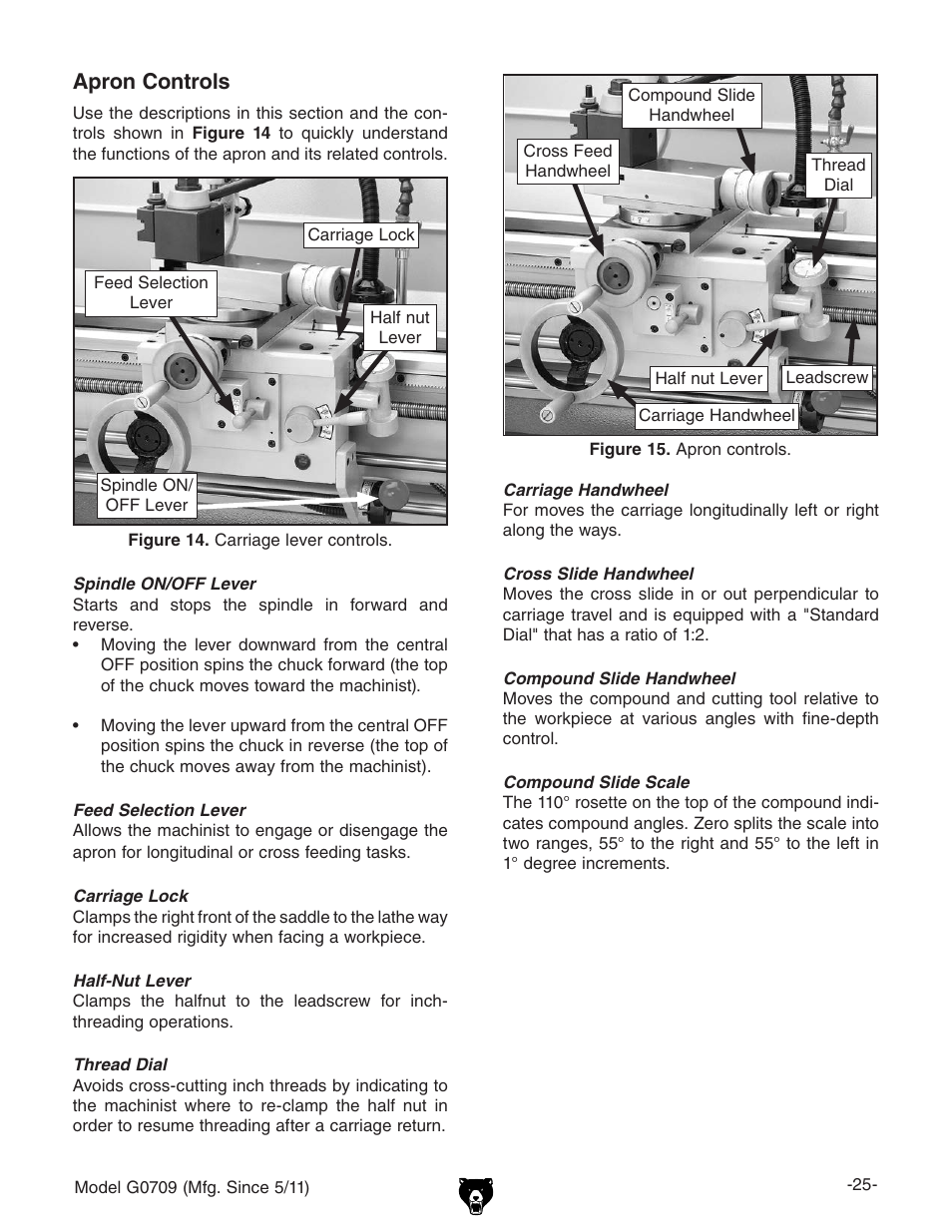 Apron controls | Grizzly G0709 User Manual | Page 27 / 112