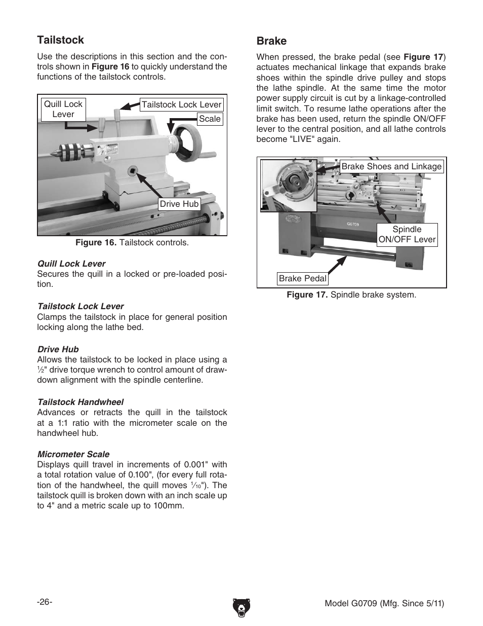 Brake, Tailstock | Grizzly G0709 User Manual | Page 28 / 112