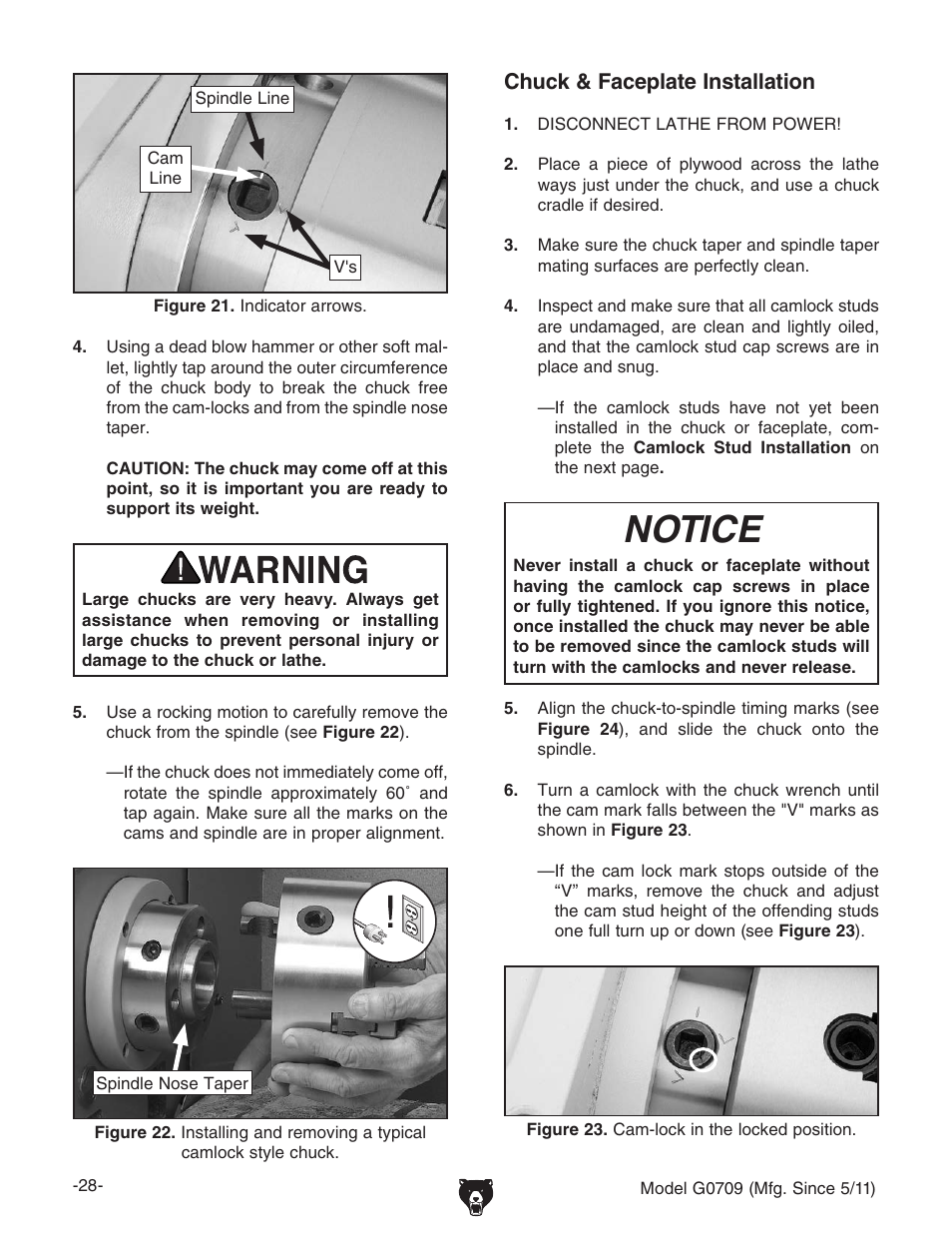 Notice, Chuck & faceplate installation | Grizzly G0709 User Manual | Page 30 / 112