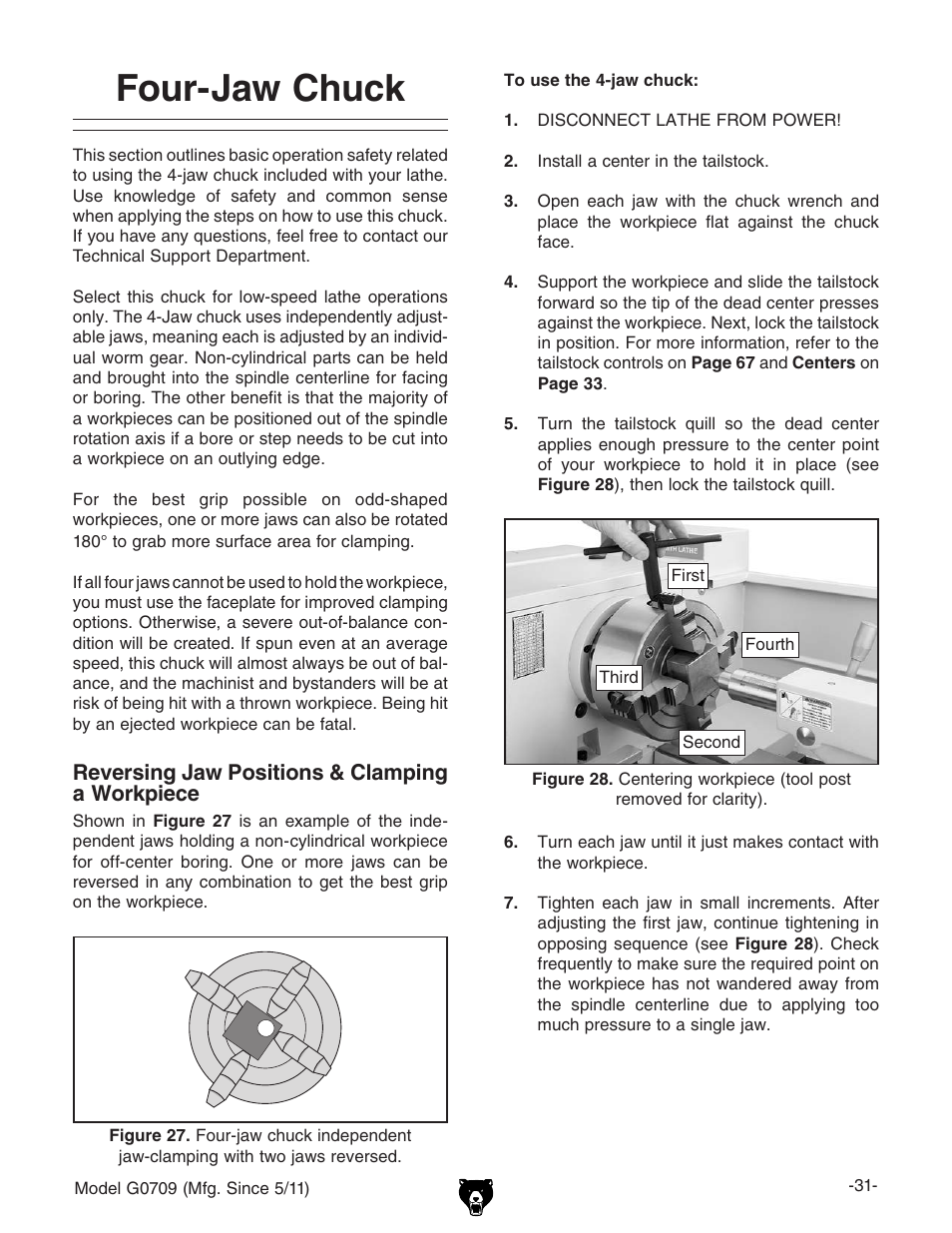 Four-jaw chuck | Grizzly G0709 User Manual | Page 33 / 112
