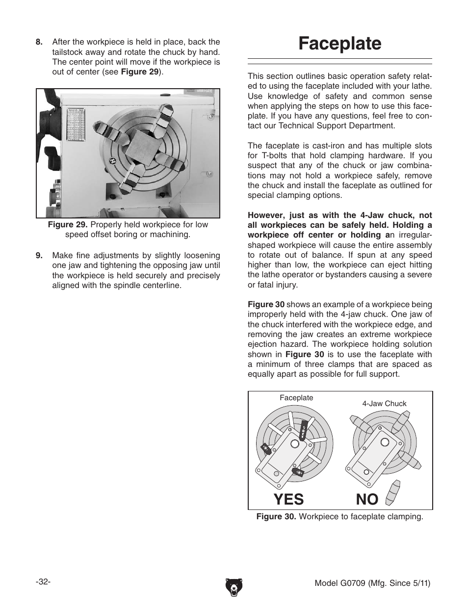 Faceplate, No yes | Grizzly G0709 User Manual | Page 34 / 112