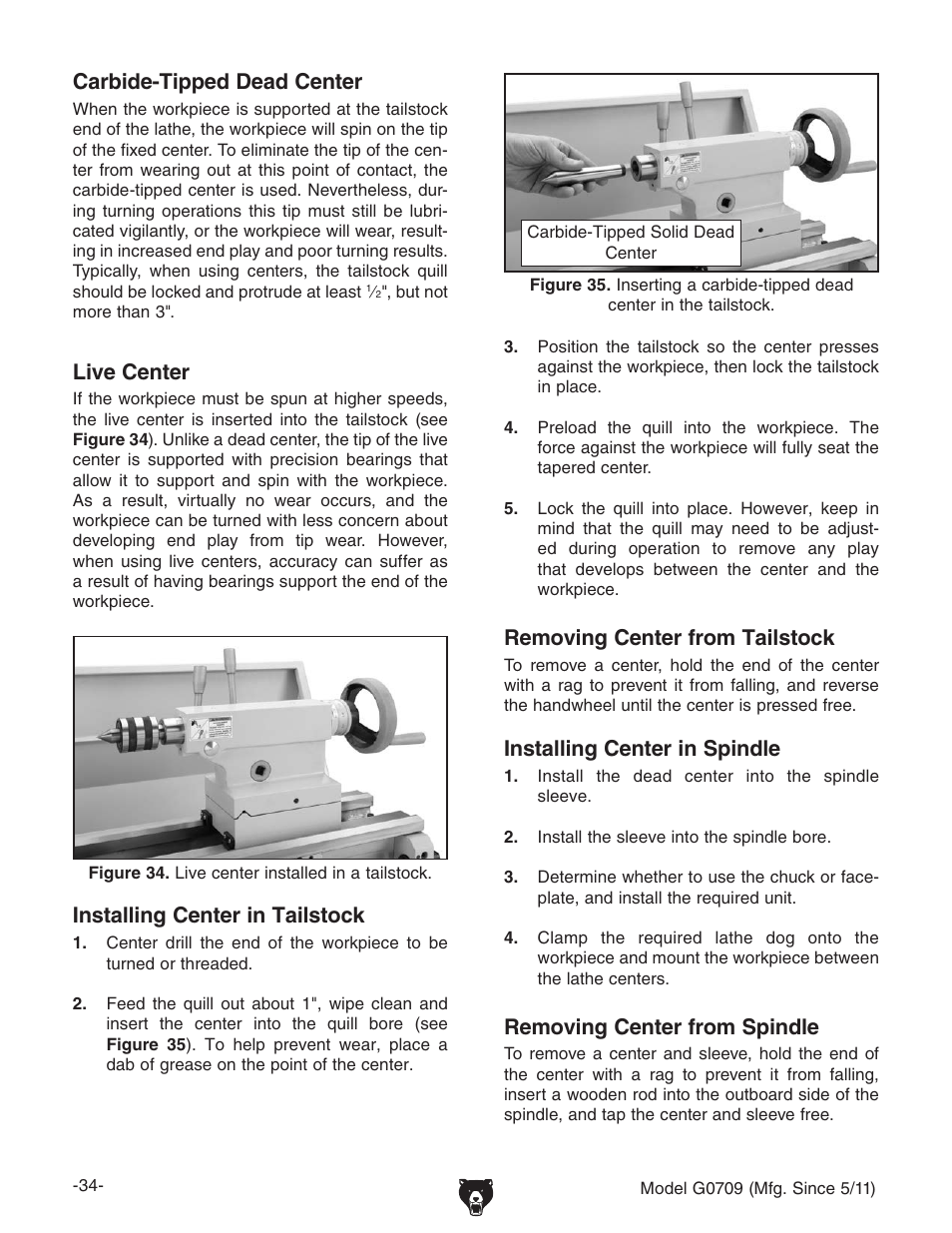 Carbide-tipped dead center, Removing center from tailstock, Live center | Installing center in tailstock, Installing center in spindle, Removing center from spindle | Grizzly G0709 User Manual | Page 36 / 112