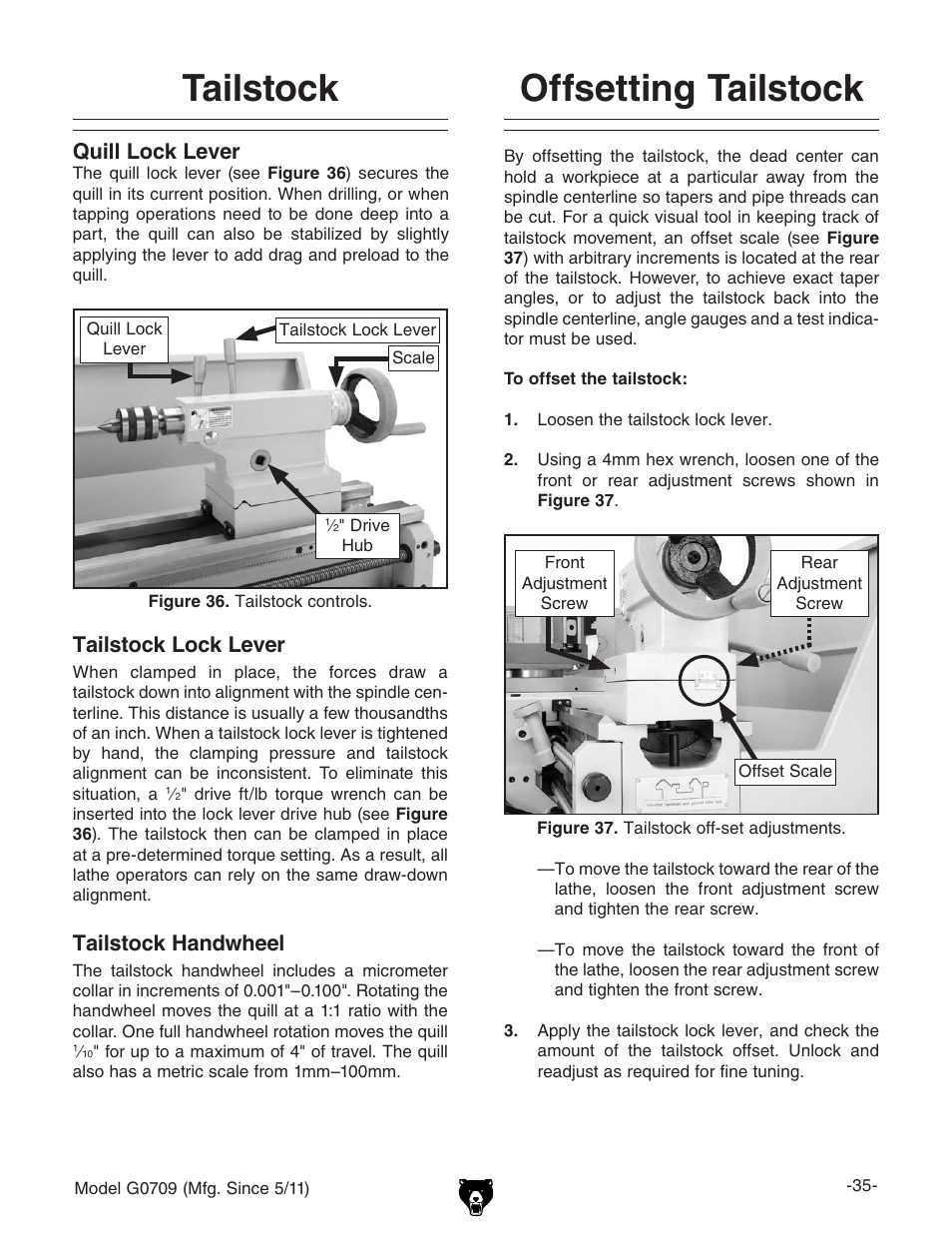 Offsetting tailstock, Tailstock, Tailstock lock lever | Tailstock handwheel, Quill lock lever | Grizzly G0709 User Manual | Page 37 / 112