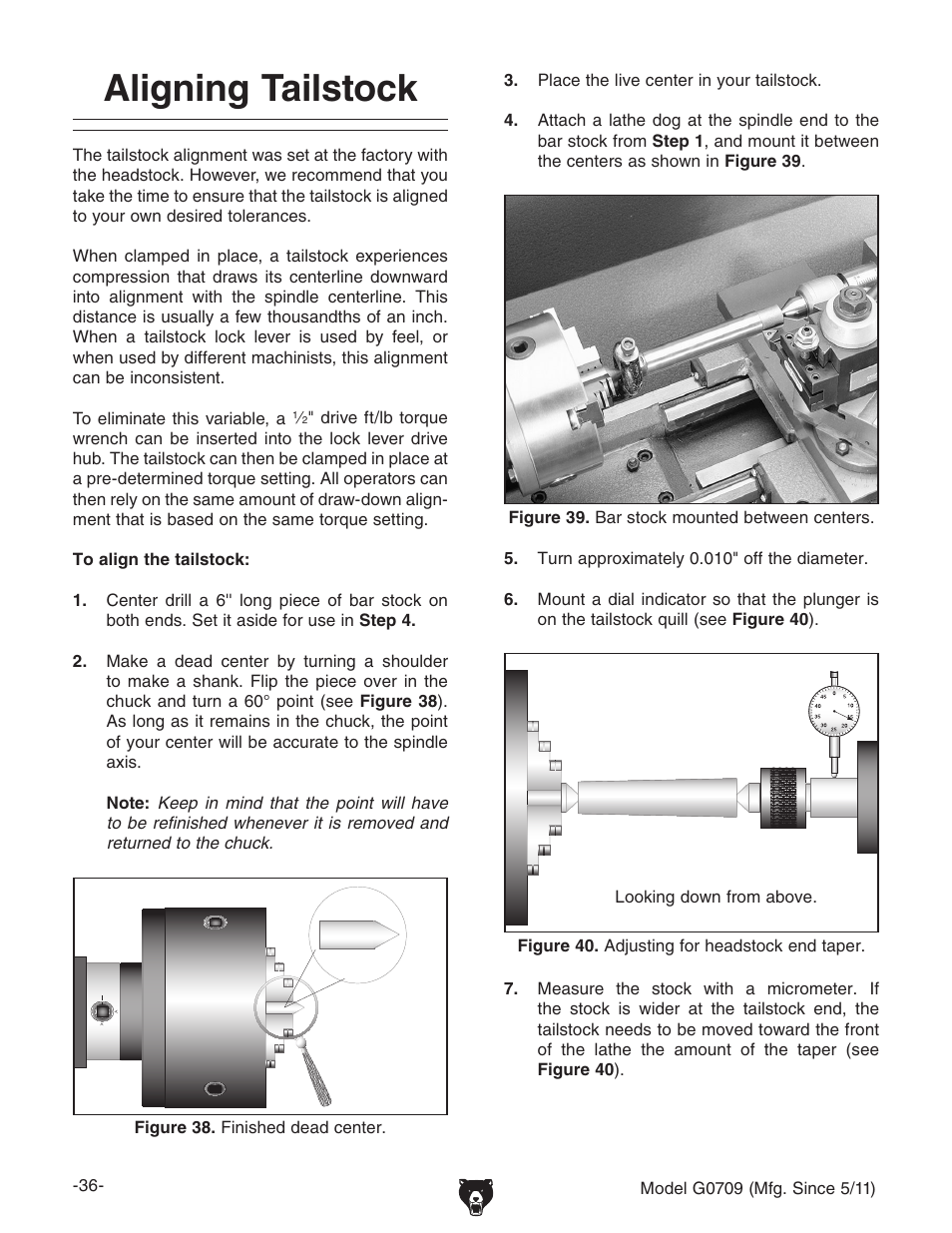 Aligning tailstock | Grizzly G0709 User Manual | Page 38 / 112