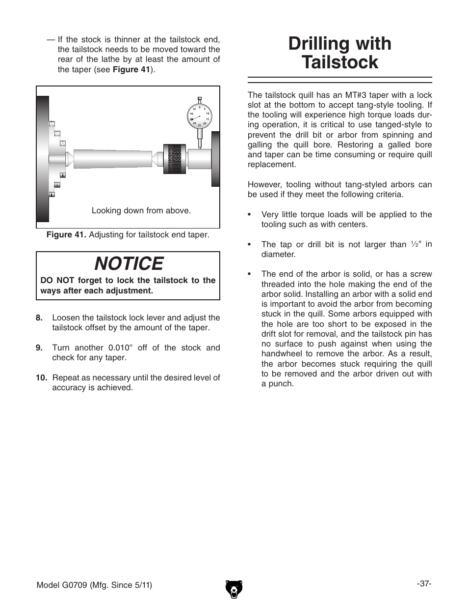 Notice, Drilling with tailstock | Grizzly G0709 User Manual | Page 39 / 112