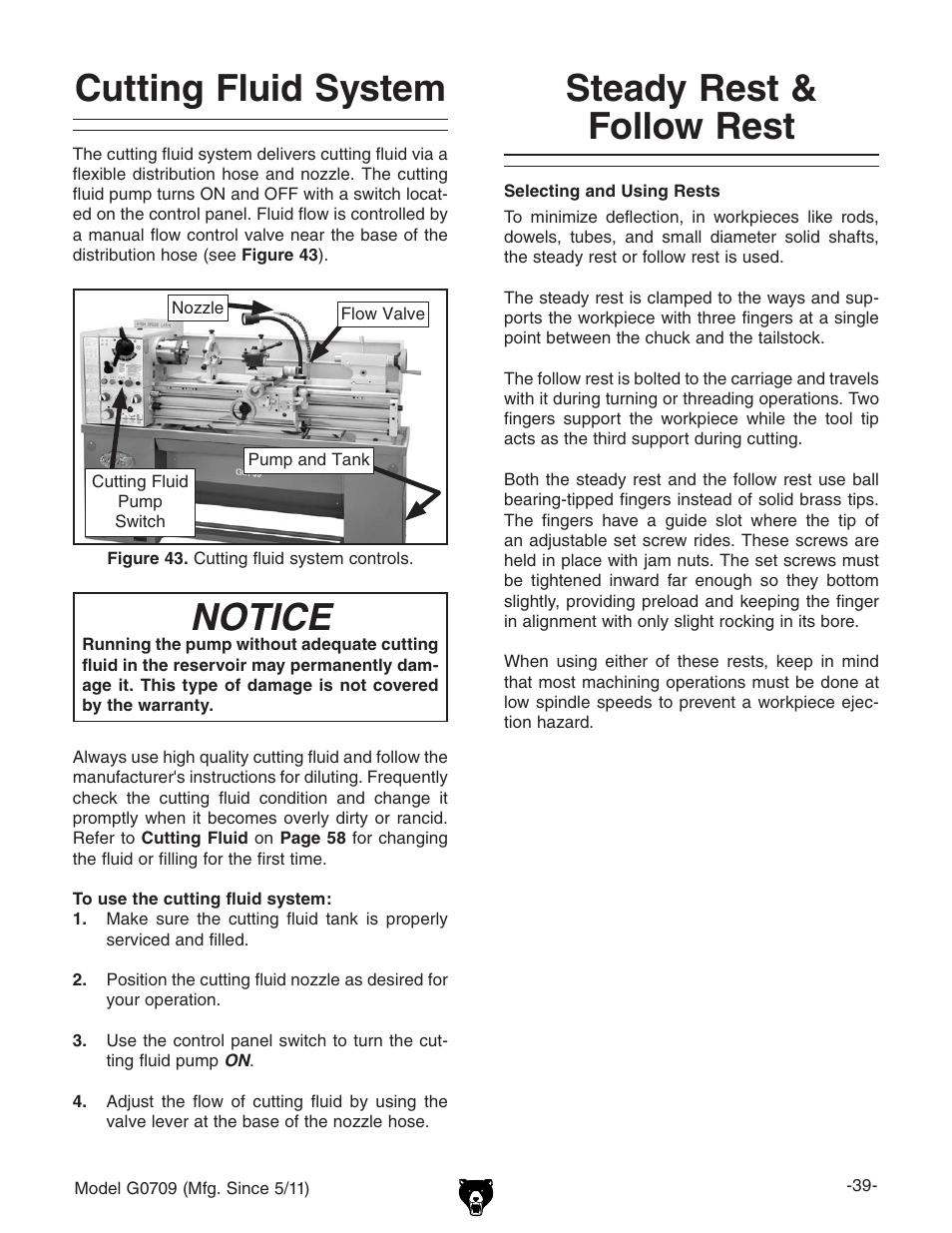 Cutting fluid system, Notice, Steady rest & follow rest | Grizzly G0709 User Manual | Page 41 / 112