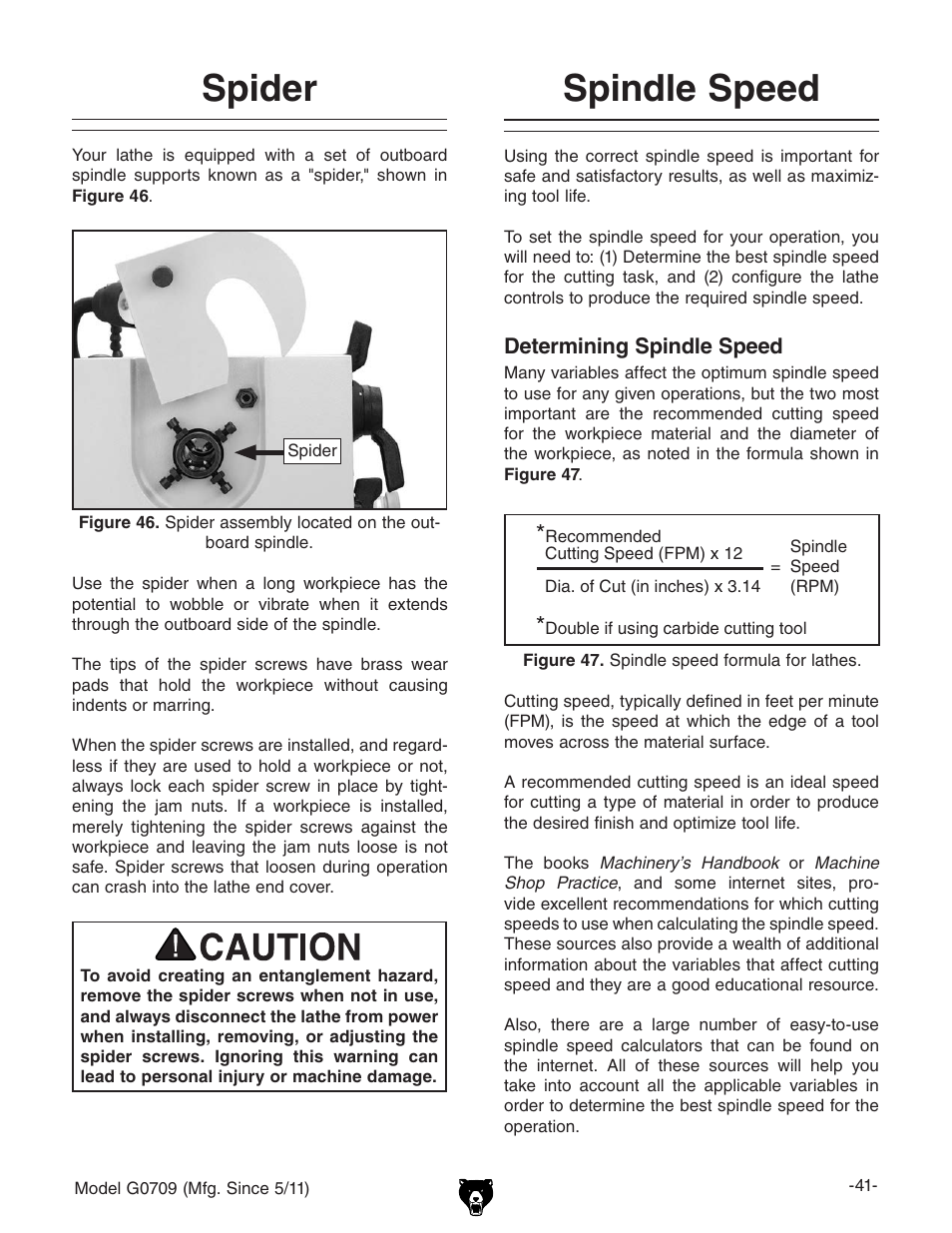 Spider, Spindle speed | Grizzly G0709 User Manual | Page 43 / 112