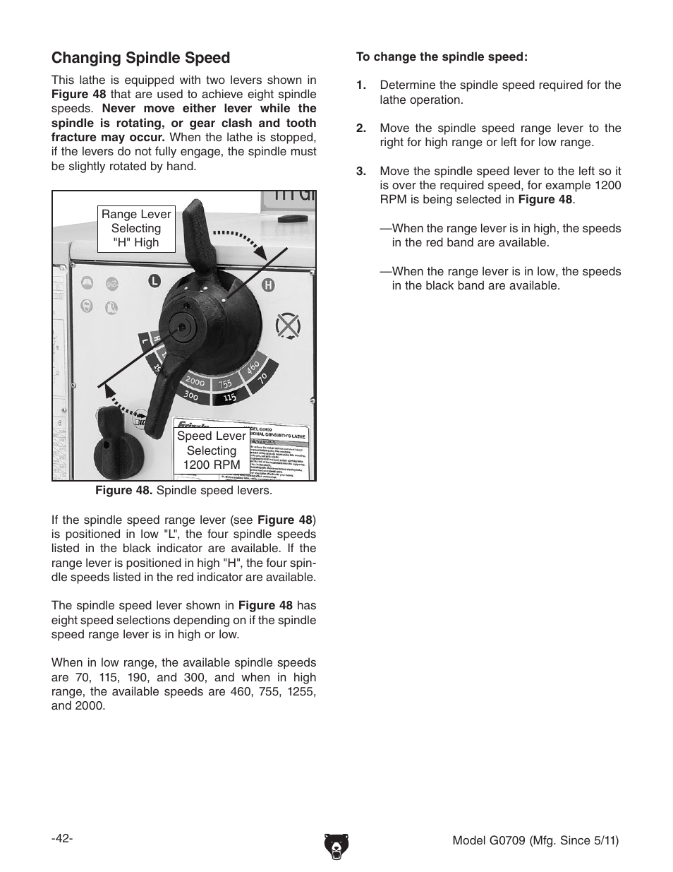 Changing spindle speed | Grizzly G0709 User Manual | Page 44 / 112