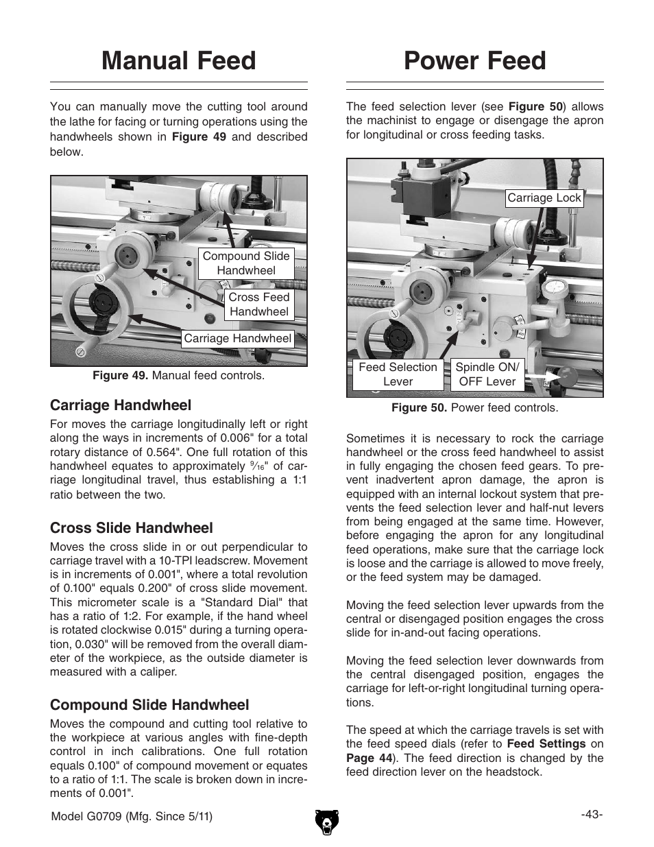 Power feed, Manual feed | Grizzly G0709 User Manual | Page 45 / 112