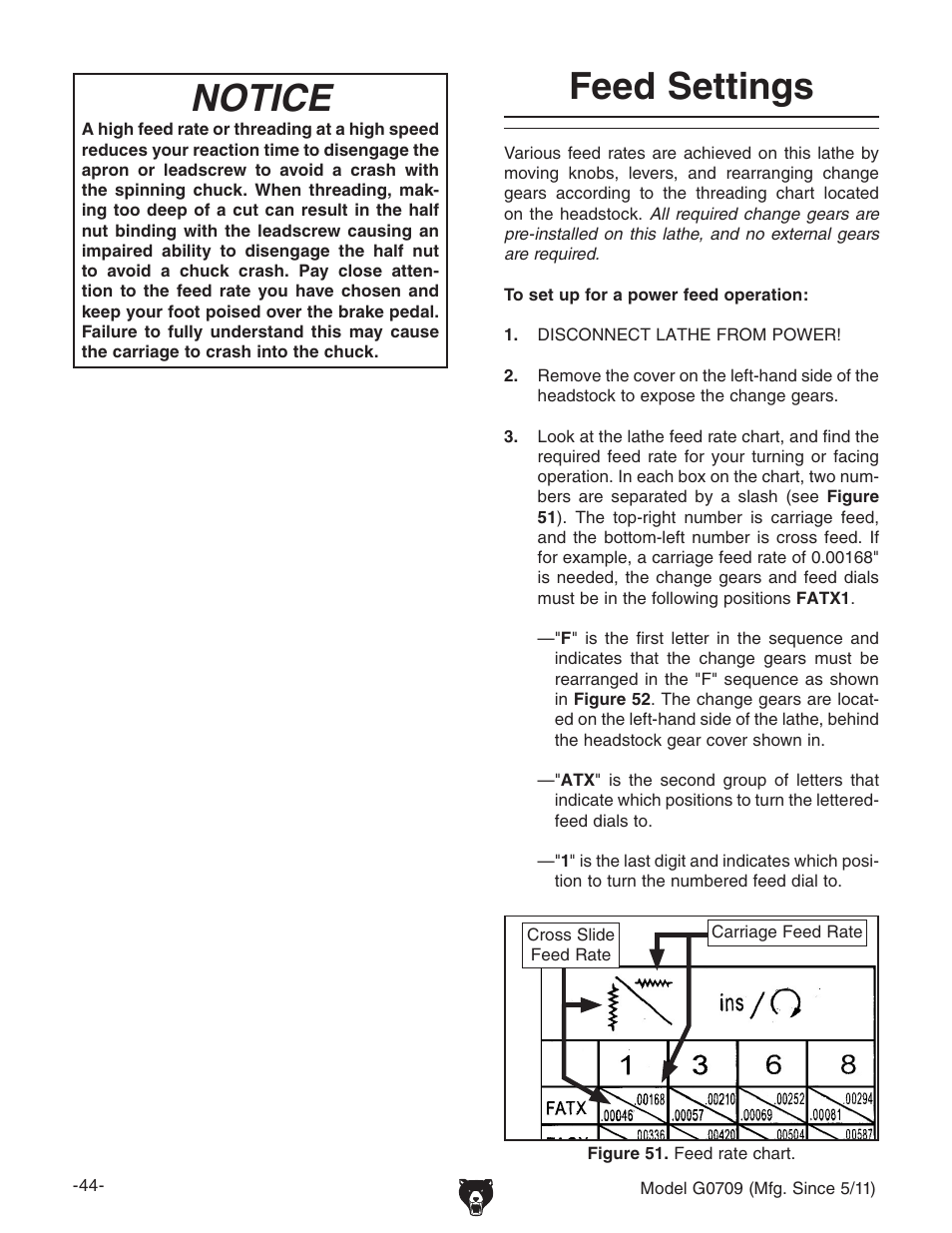 Notice, Feed settings | Grizzly G0709 User Manual | Page 46 / 112