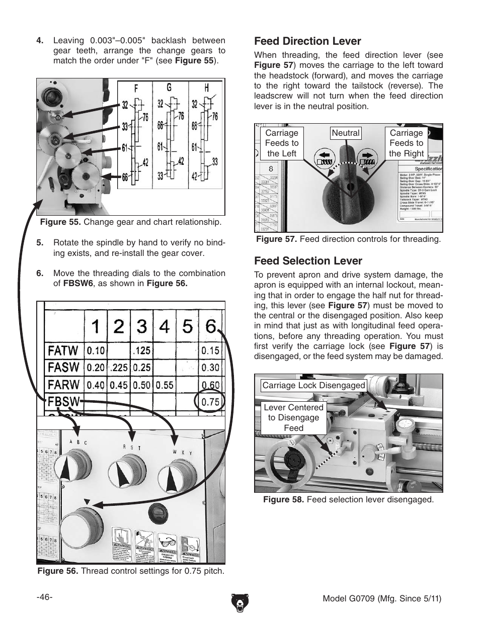 Feed direction lever, Feed selection lever | Grizzly G0709 User Manual | Page 48 / 112