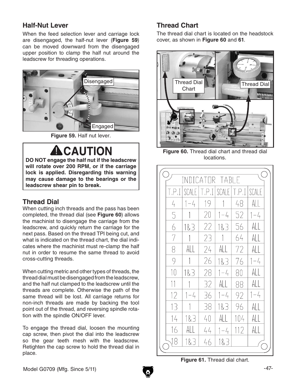 Half-nut lever, Thread dial, Thread chart | Grizzly G0709 User Manual | Page 49 / 112