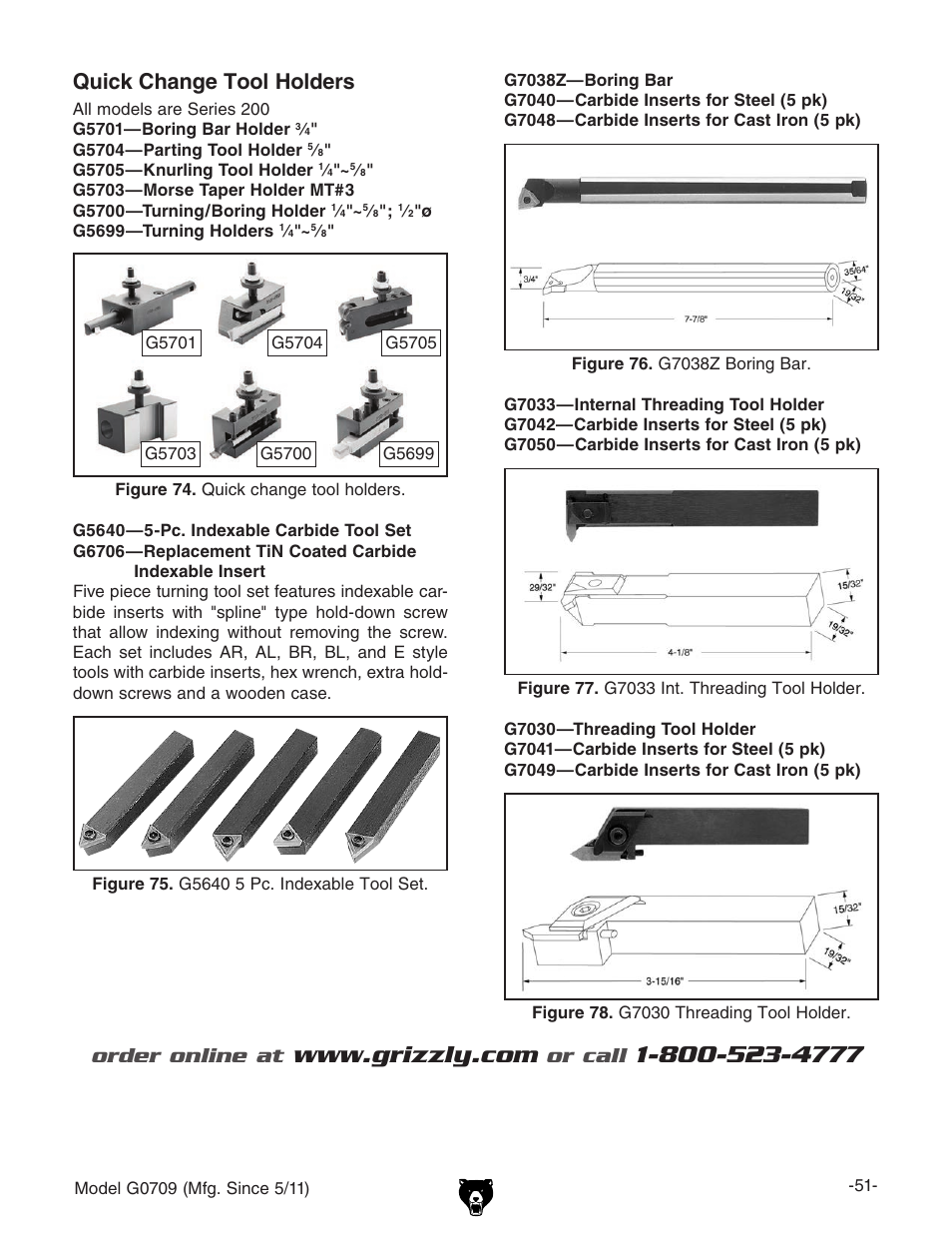 Quick change tool holders, Order online at, Or call | Grizzly G0709 User Manual | Page 53 / 112