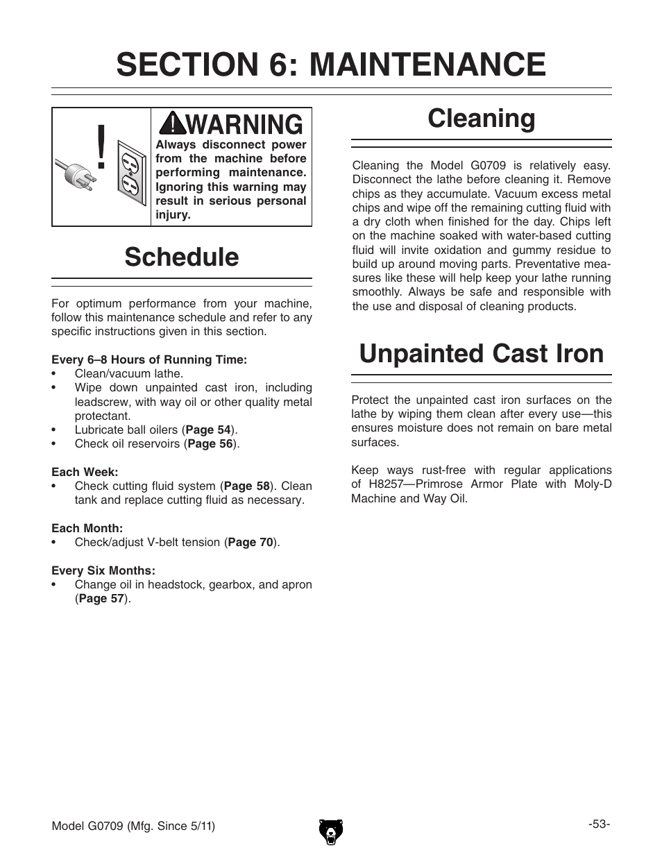 Cleaning, Unpainted cast iron, Schedule | Grizzly G0709 User Manual | Page 55 / 112