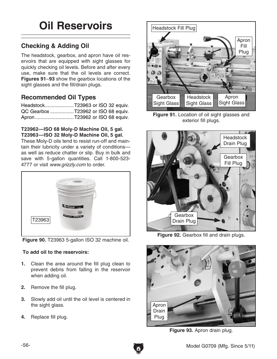 Oil reservoirs | Grizzly G0709 User Manual | Page 58 / 112