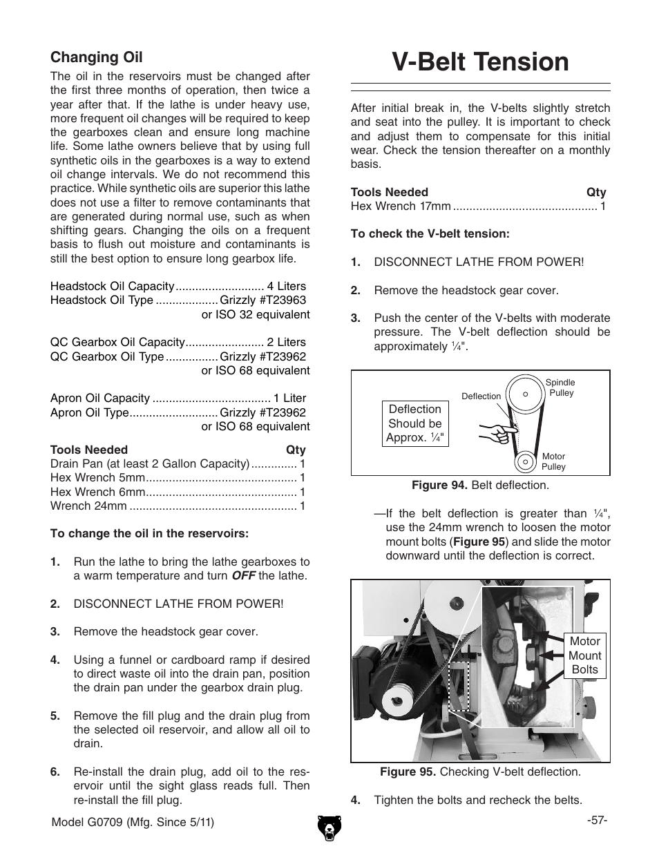 V-belt tension, Changing oil | Grizzly G0709 User Manual | Page 59 / 112