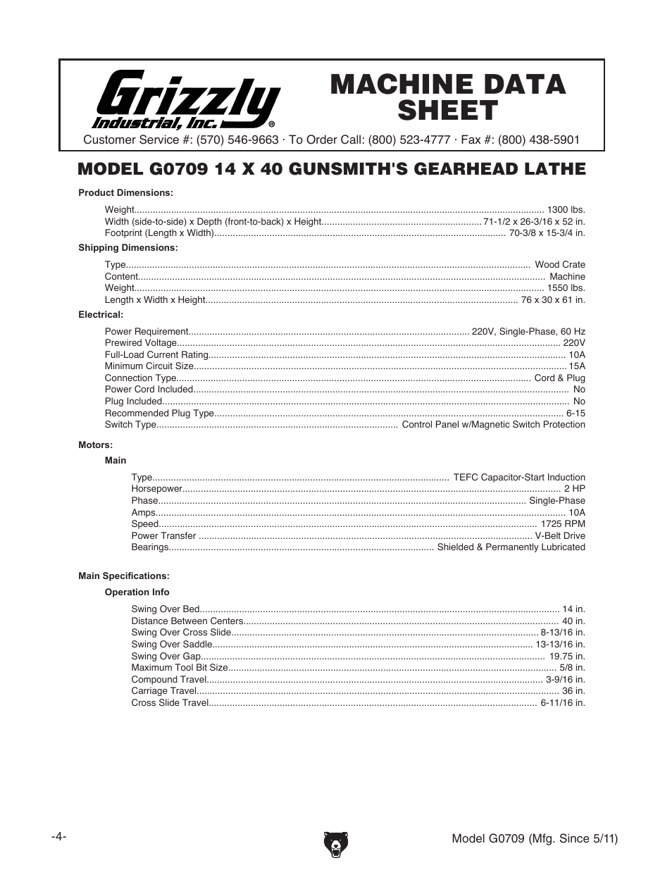 Machine data sheet | Grizzly G0709 User Manual | Page 6 / 112