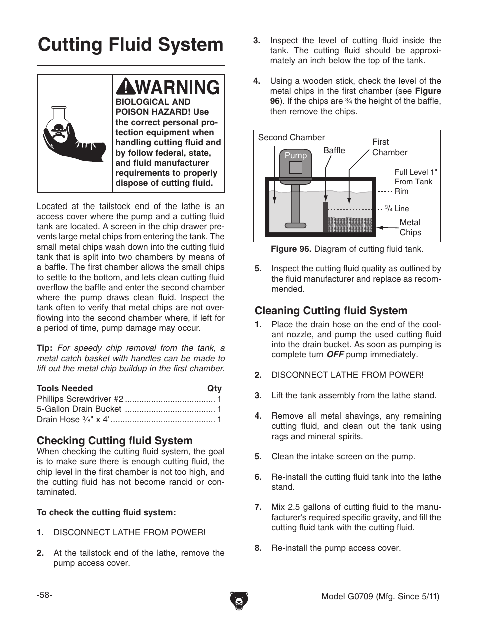 Cutting fluid system, Checking cutting fluid system, Cleaning cutting fluid system | Grizzly G0709 User Manual | Page 60 / 112