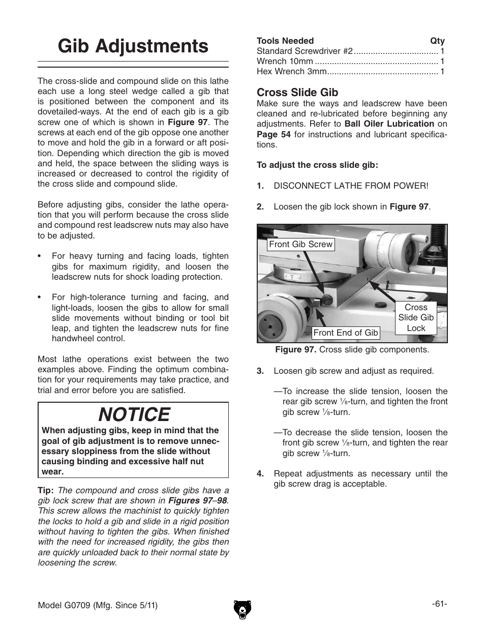 Gib adjustments, Notice, Cross slide gib | Grizzly G0709 User Manual | Page 63 / 112