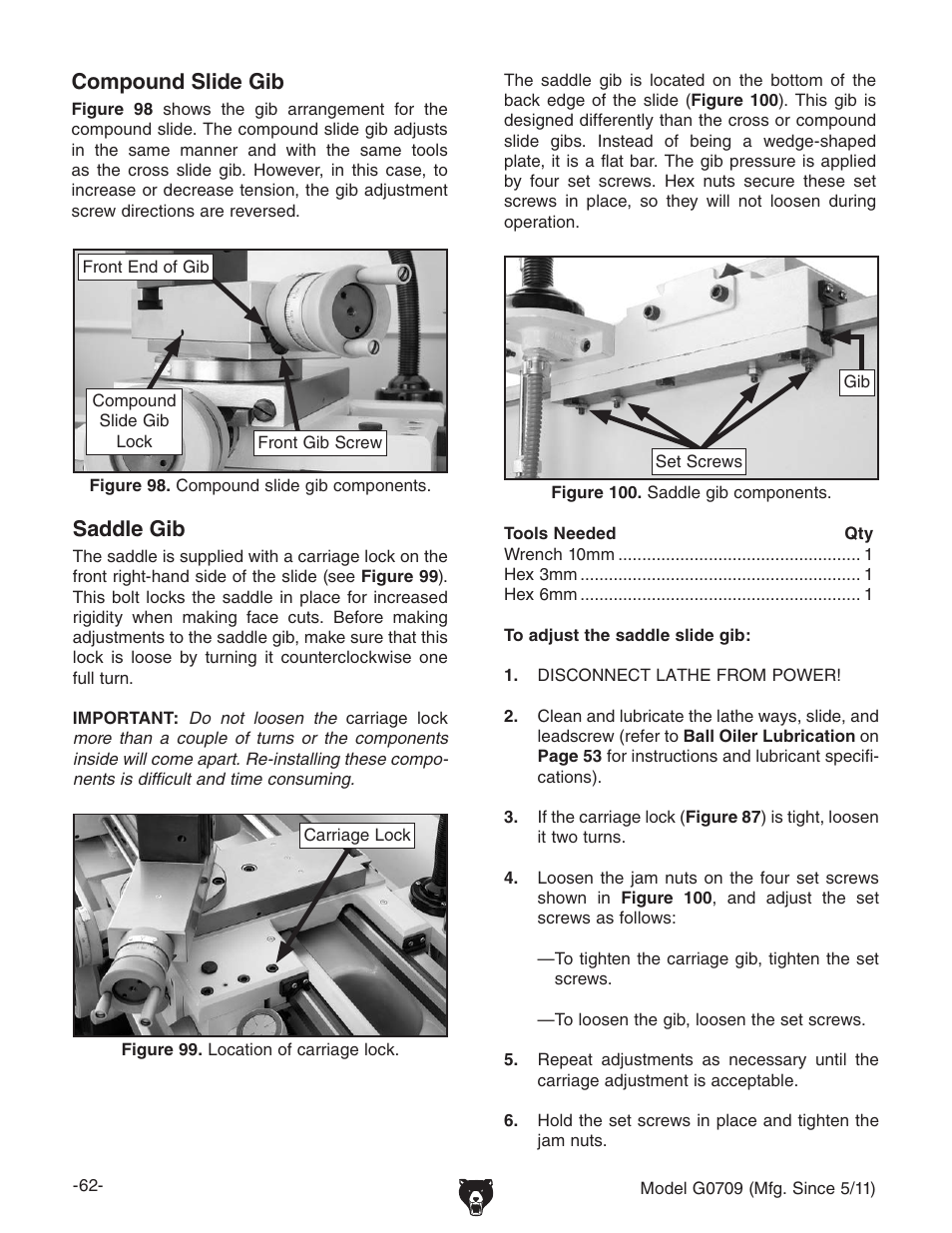 Saddle gib, Compound slide gib | Grizzly G0709 User Manual | Page 64 / 112