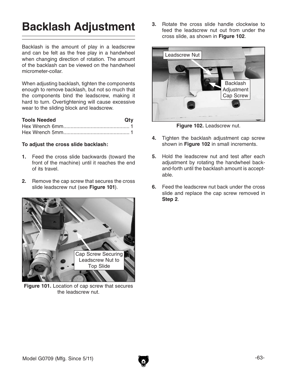 Backlash adjustment | Grizzly G0709 User Manual | Page 65 / 112