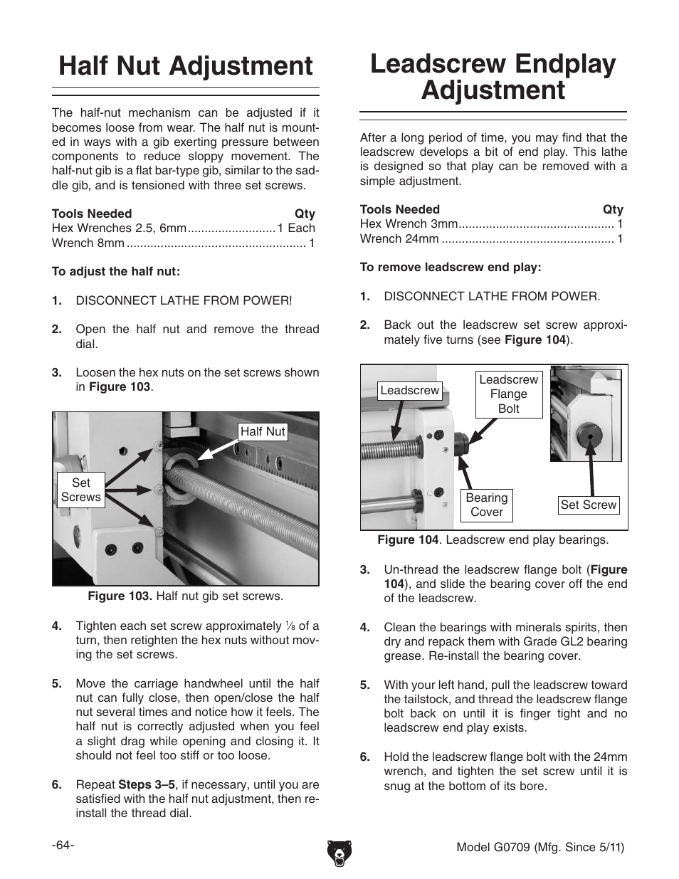 Half nut adjustment, Leadscrew endplay adjustment | Grizzly G0709 User Manual | Page 66 / 112