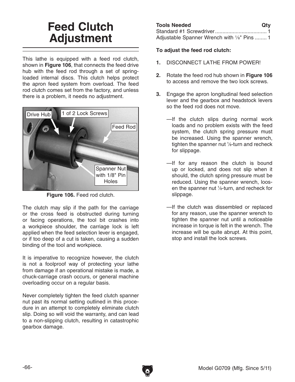 Feed clutch adjustment | Grizzly G0709 User Manual | Page 68 / 112