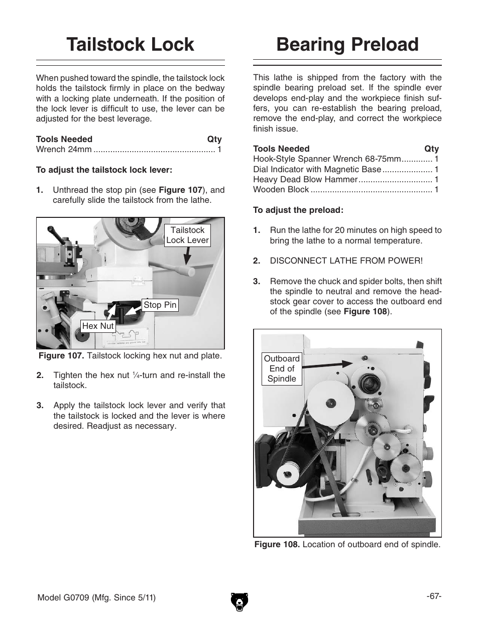 Bearing preload, Tailstock lock | Grizzly G0709 User Manual | Page 69 / 112