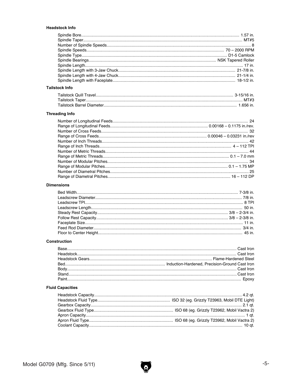 Grizzly G0709 User Manual | Page 7 / 112