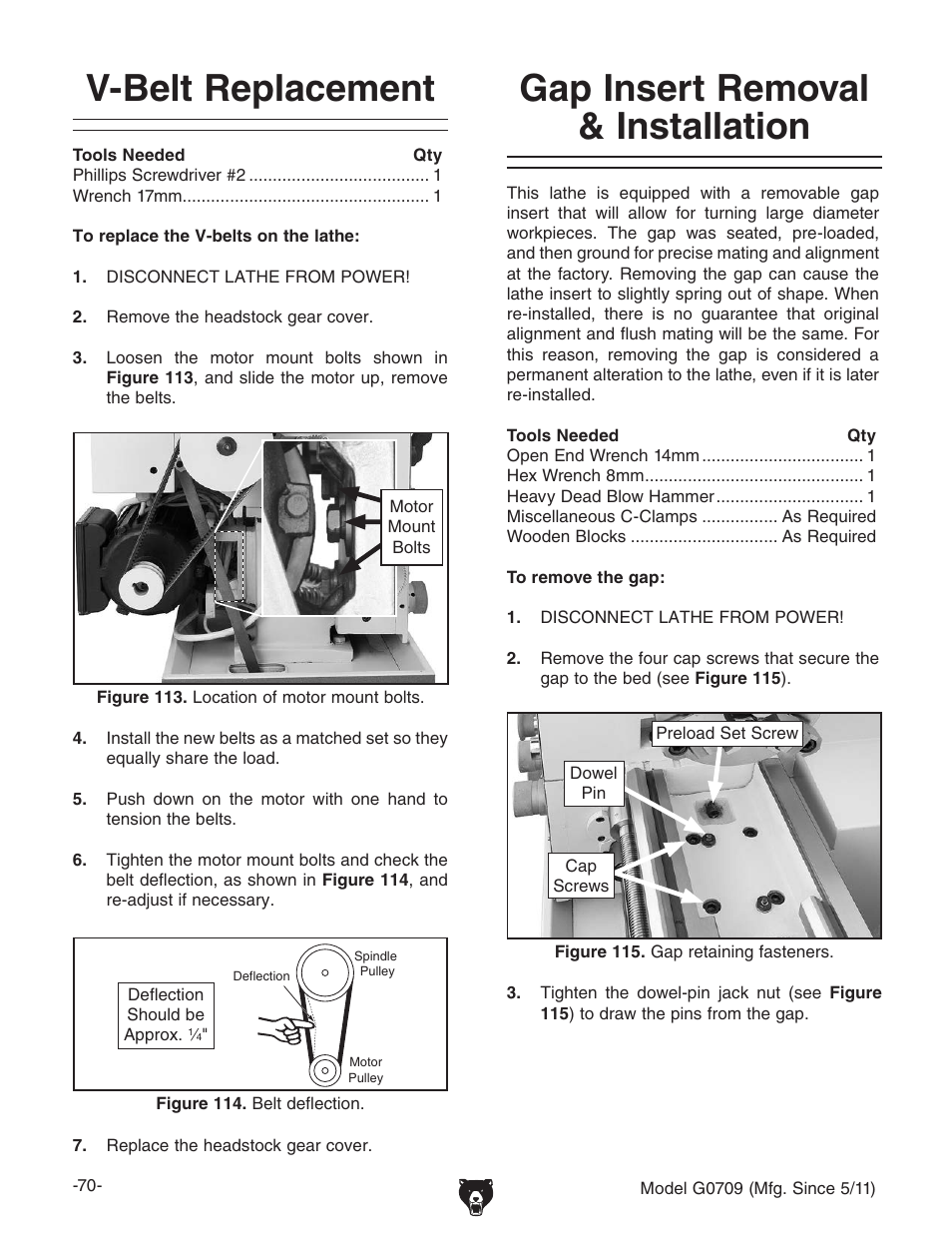 V-belt replacement, Gap insert removal & installation | Grizzly G0709 User Manual | Page 72 / 112