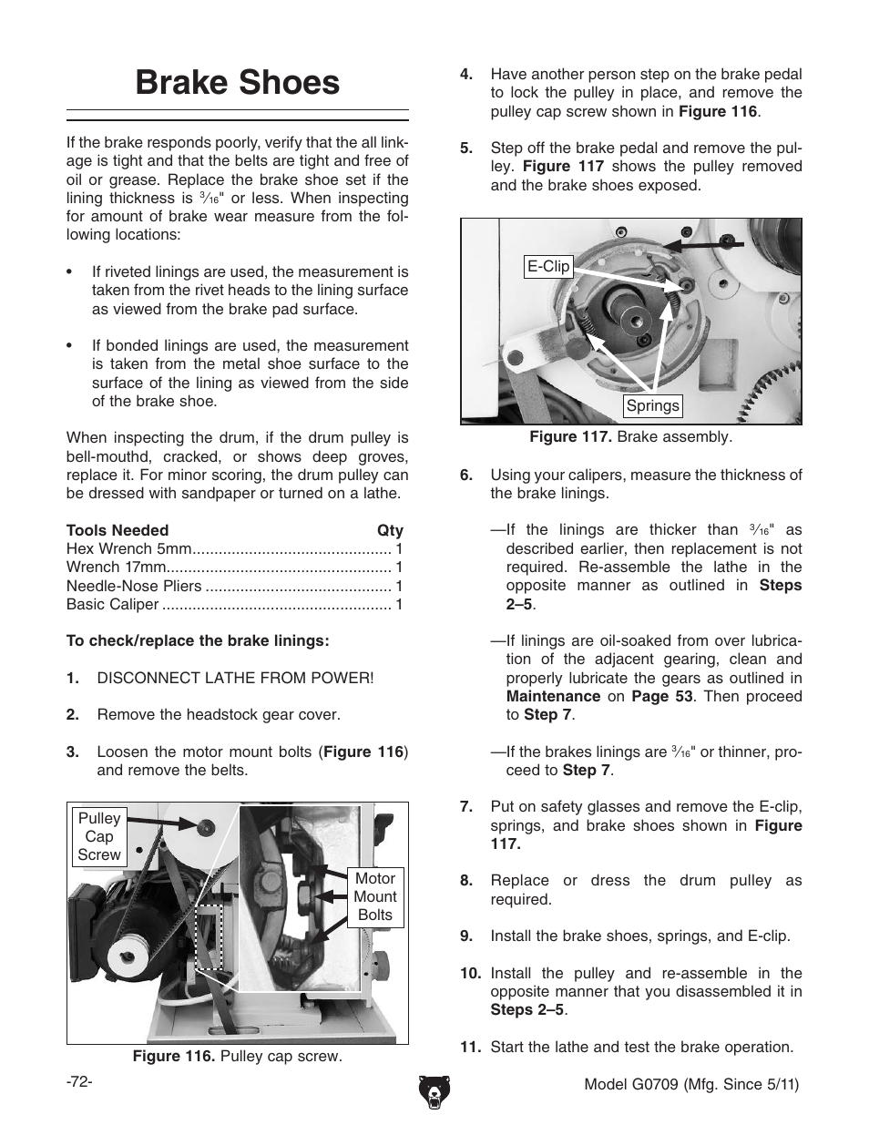 Brake shoes | Grizzly G0709 User Manual | Page 74 / 112