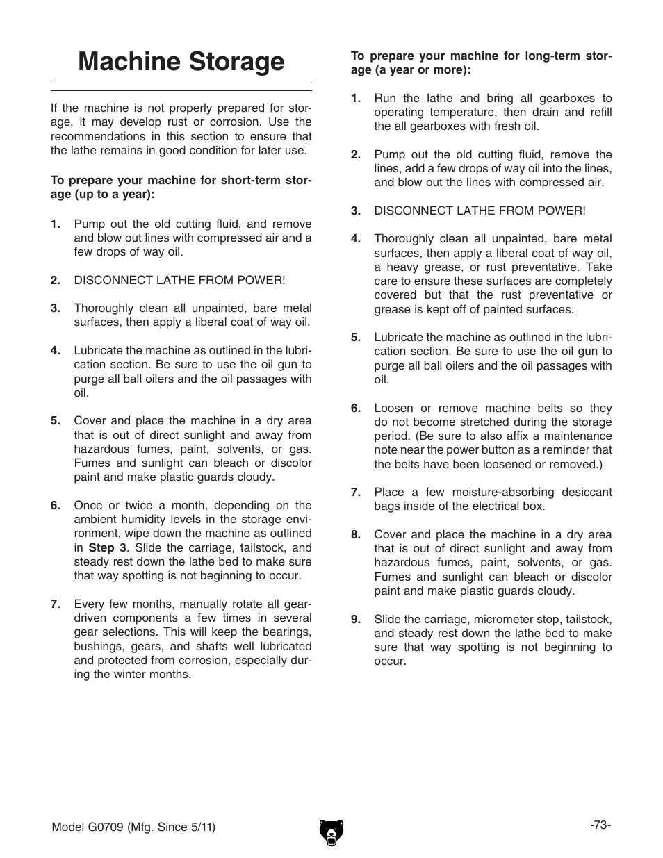 Machine storage | Grizzly G0709 User Manual | Page 75 / 112