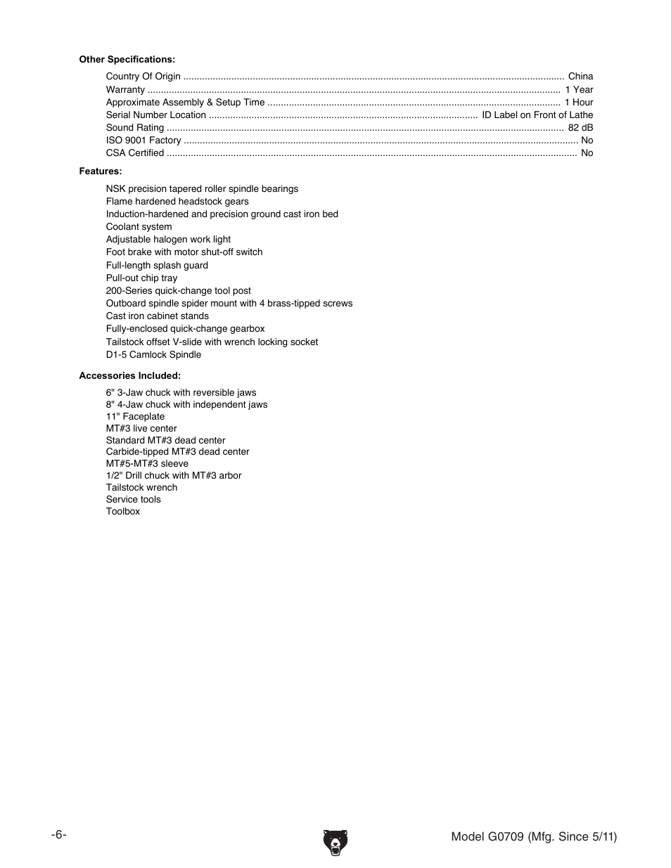 Grizzly G0709 User Manual | Page 8 / 112